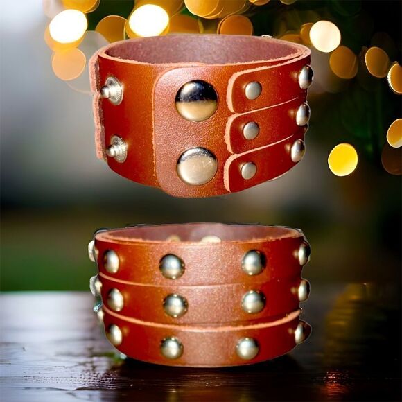 Leather Cuff l 3-Row Rivet l In Brown &. Black l Soft PU Band l Unisex l New - Picture 1 of 6